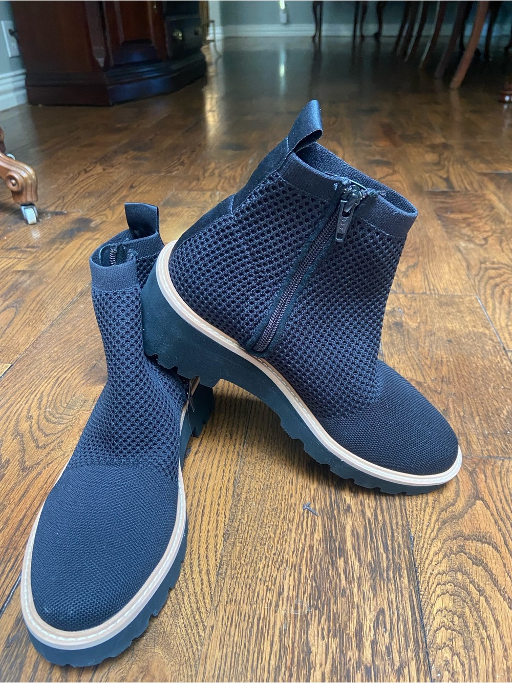 Van Eli Black Knit Zip Ankle Booties with Lug Sole